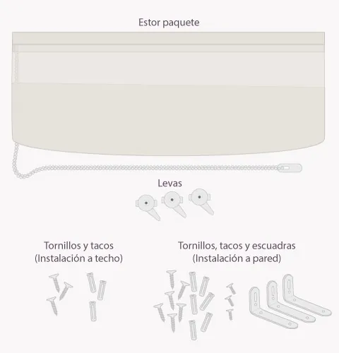 Lo que lleva el pedido: estores de paquete, soportes, tornillos y tacos