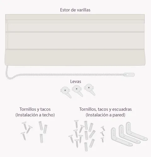 Lo que lleva el pedido: estores de varillas, soportes, tornillos y tacos