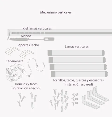 Lo que lleva el pedido: cortinas verticales, soportes, tornillos y tacos