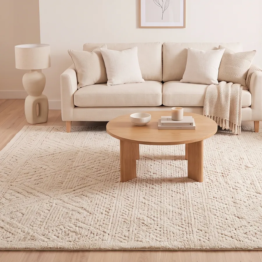 Salón con una alfombra grande de lana en tonos crema bajo la mesa de centro y otra redonda de yute junto a un sillón