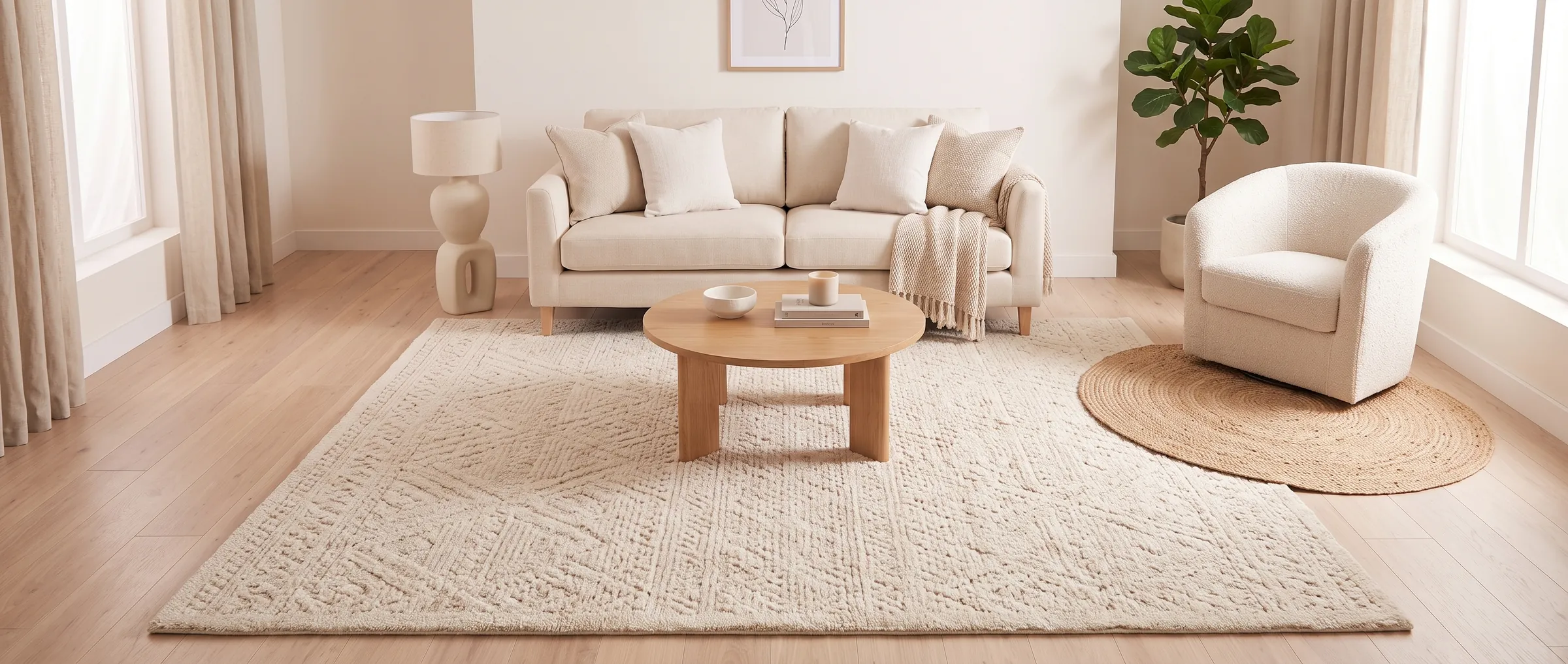 Salón con una alfombra grande de lana en tonos crema bajo la mesa de centro y otra redonda de yute junto a un sillón
