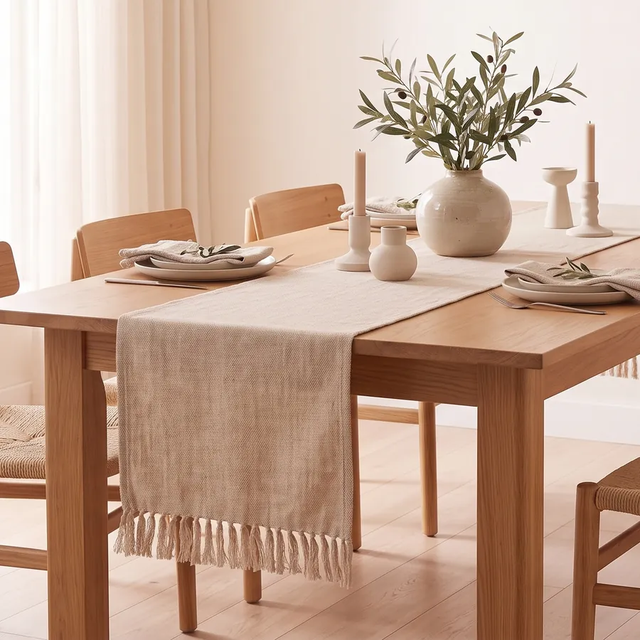 Mesa de comedor de roble con un camino de lino arena con flecos, portavelas de cerámica y un jarrón con ramas de olivo