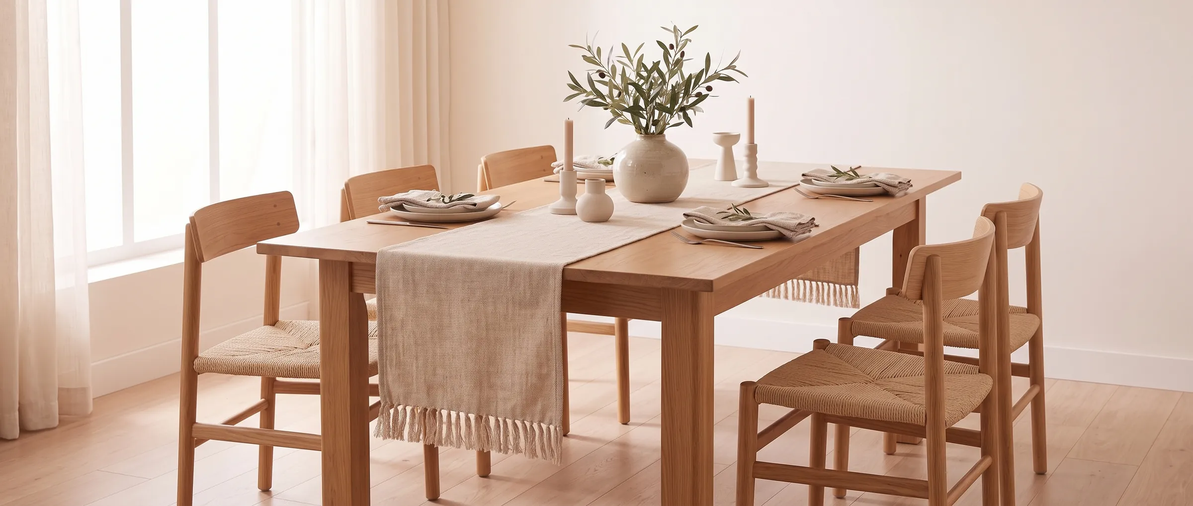 Mesa de comedor de roble con un camino de lino arena con flecos, portavelas de cerámica y un jarrón con ramas de olivo