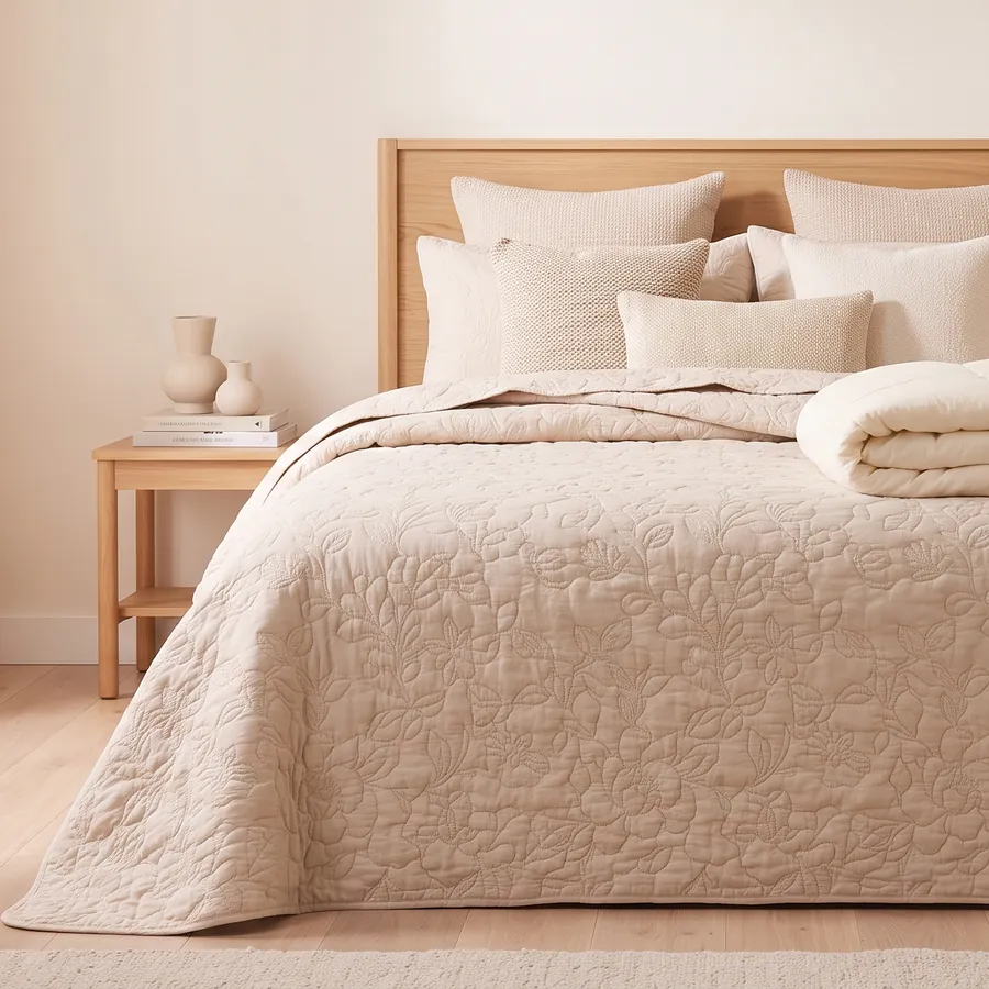 Dormitorio con una colcha bouti beige acolchada hasta el suelo y un edredón marfil doblado a los pies de la cama