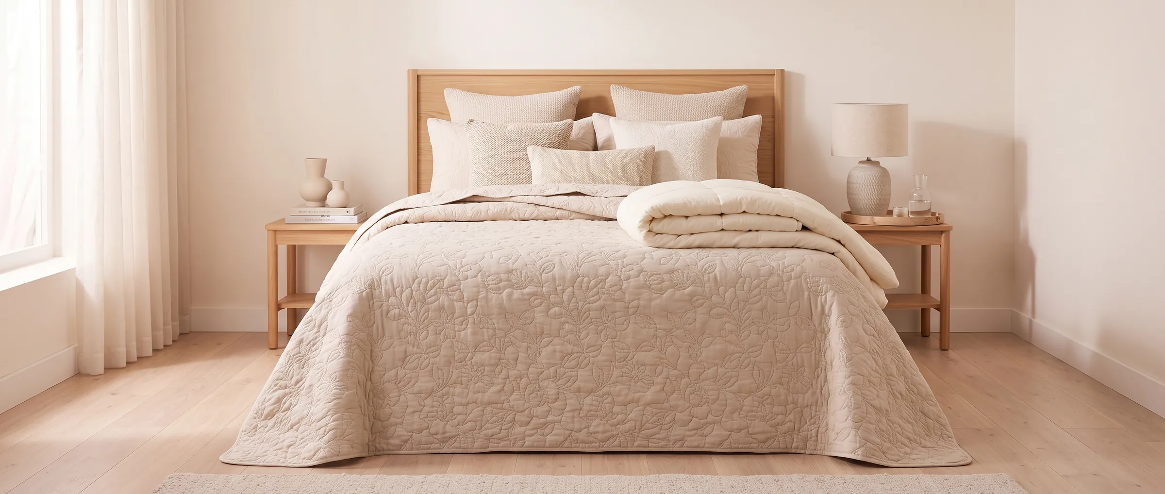 Dormitorio con una colcha bouti beige acolchada hasta el suelo y un edredón marfil doblado a los pies de la cama