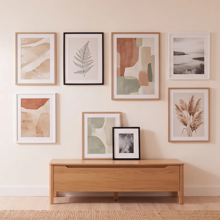 Pared de salón con una composición de cuadros abstractos, láminas botánicas y una fotografía sobre un mueble de roble