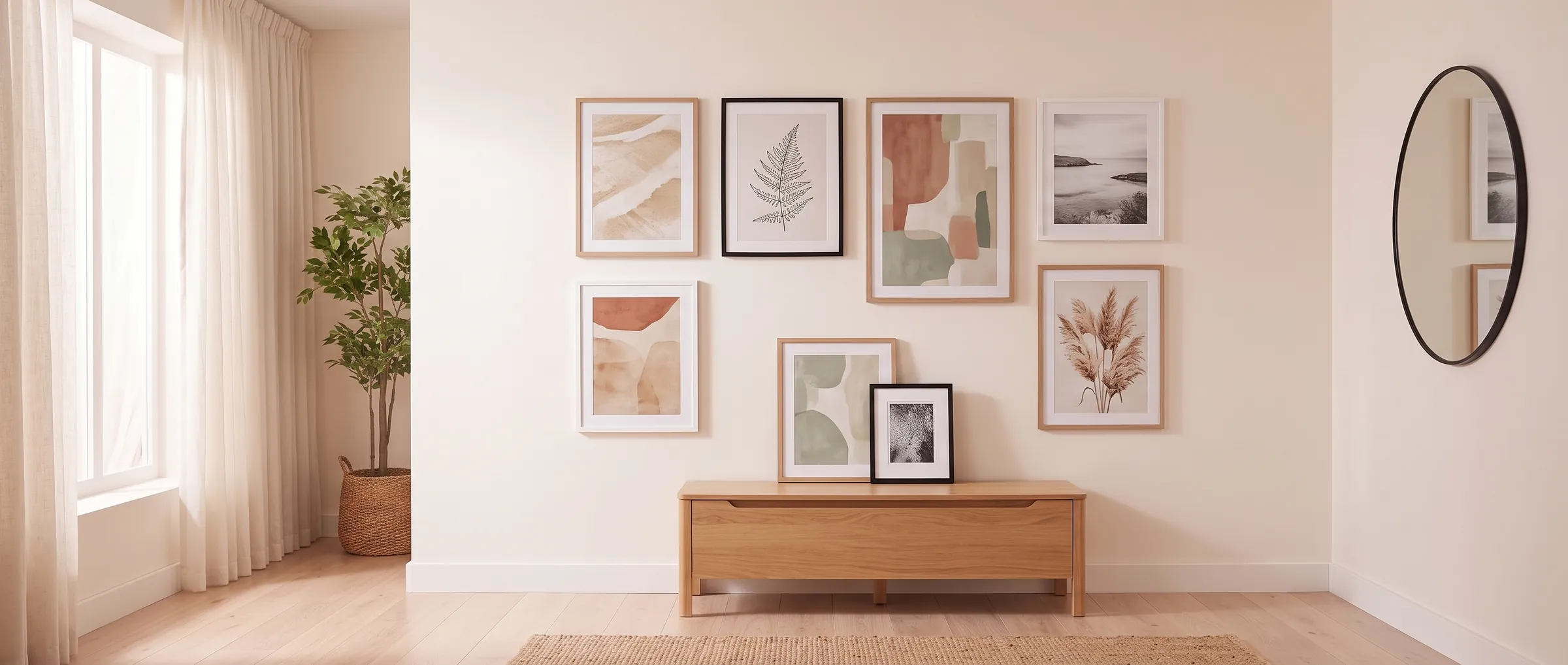Pared de salón con una composición de cuadros abstractos, láminas botánicas y una fotografía sobre un mueble de roble