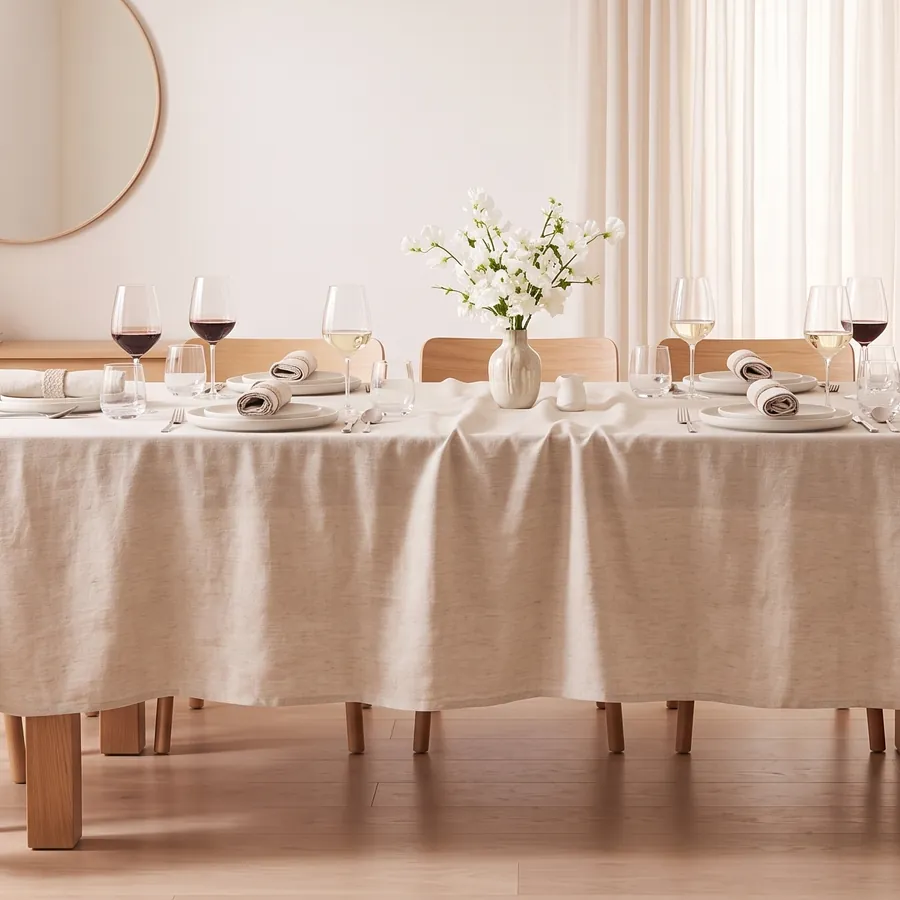 Comedor con la mesa vestida con un mantel de lino natural, servilletas a juego y un jarrón de flores blancas