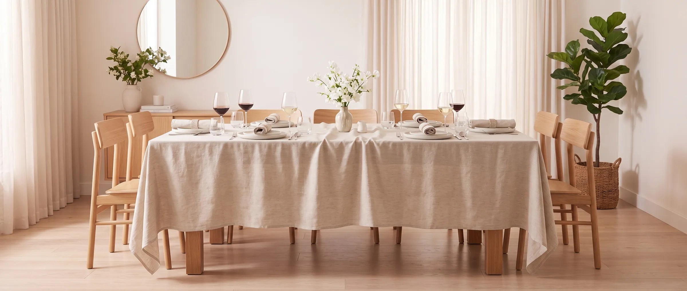 Comedor con la mesa vestida con un mantel de lino natural, servilletas a juego y un jarrón de flores blancas