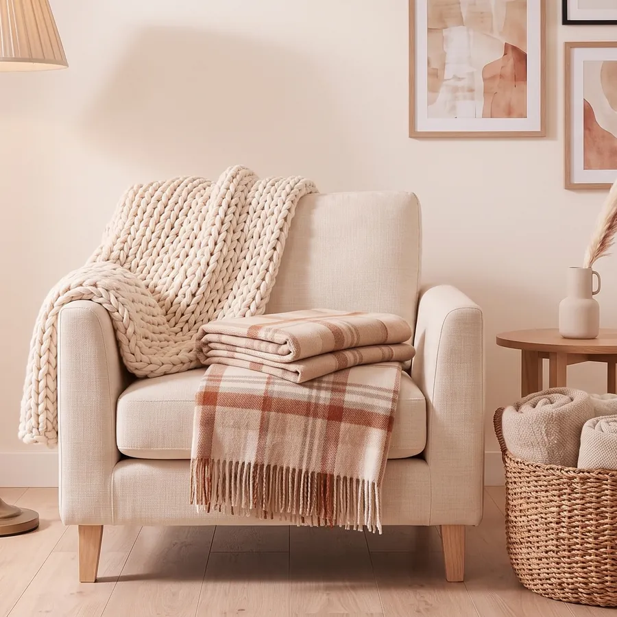 Rincón de lectura con un sillón crema, una manta de punto grueso, un plaid de cuadros y una cesta con mantas