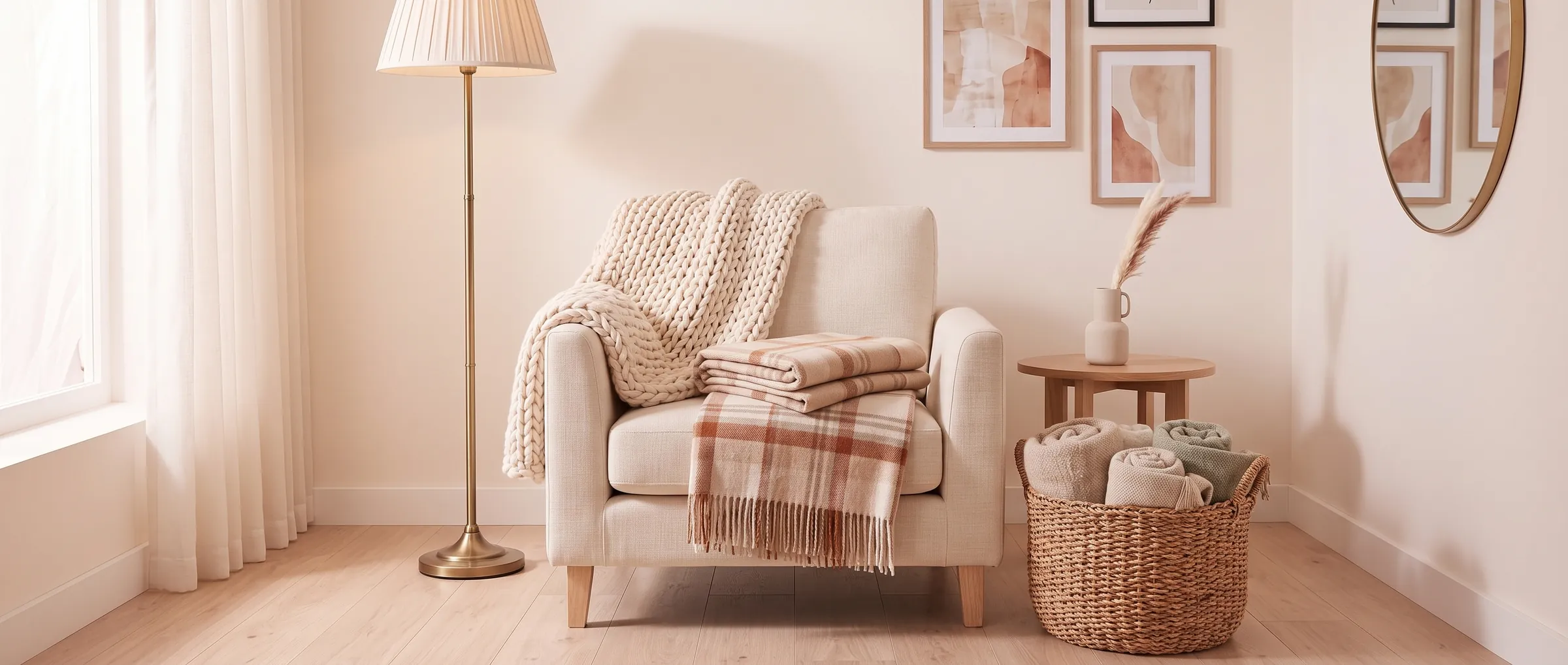 Rincón de lectura con un sillón crema, una manta de punto grueso, un plaid de cuadros y una cesta con mantas