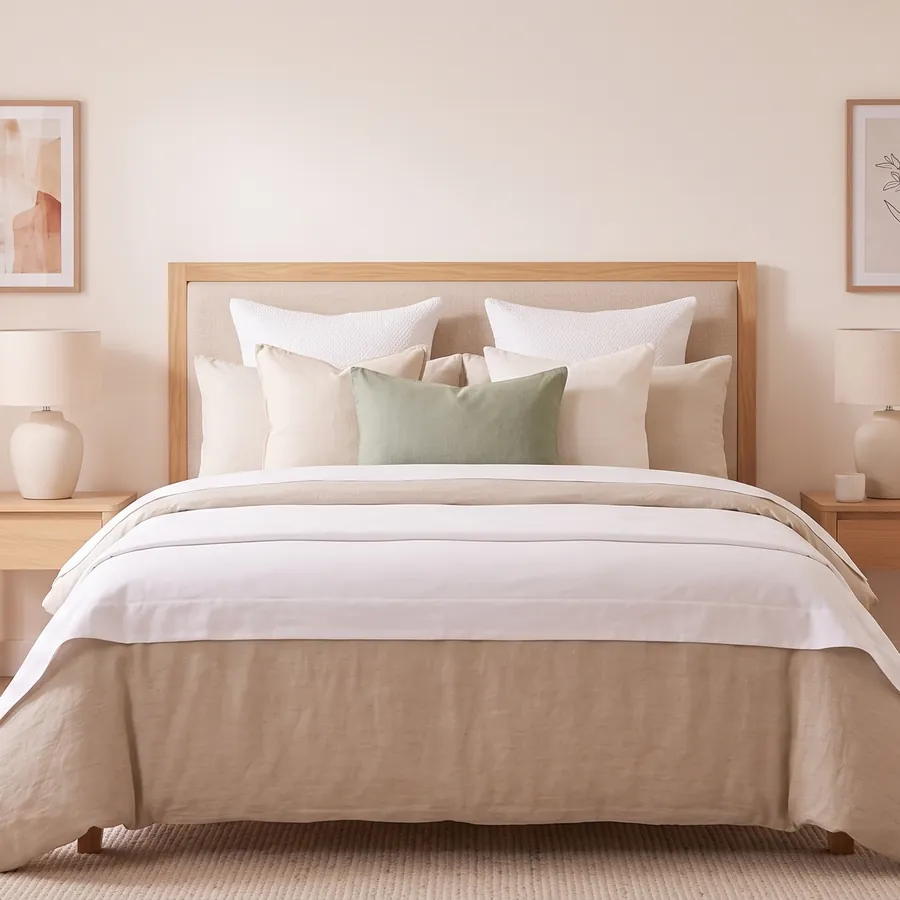 Dormitorio con una cama de matrimonio con sábanas blancas, funda nórdica de lino arena y cojines crema y verde salvia