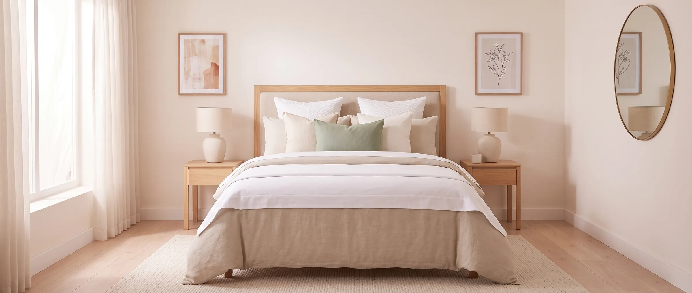 Dormitorio con una cama de matrimonio con sábanas blancas, funda nórdica de lino arena y cojines crema y verde salvia