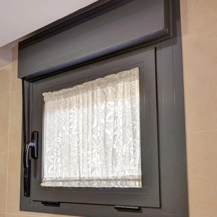Gusanillo fruncido dentro del marco de la ventana de un baño