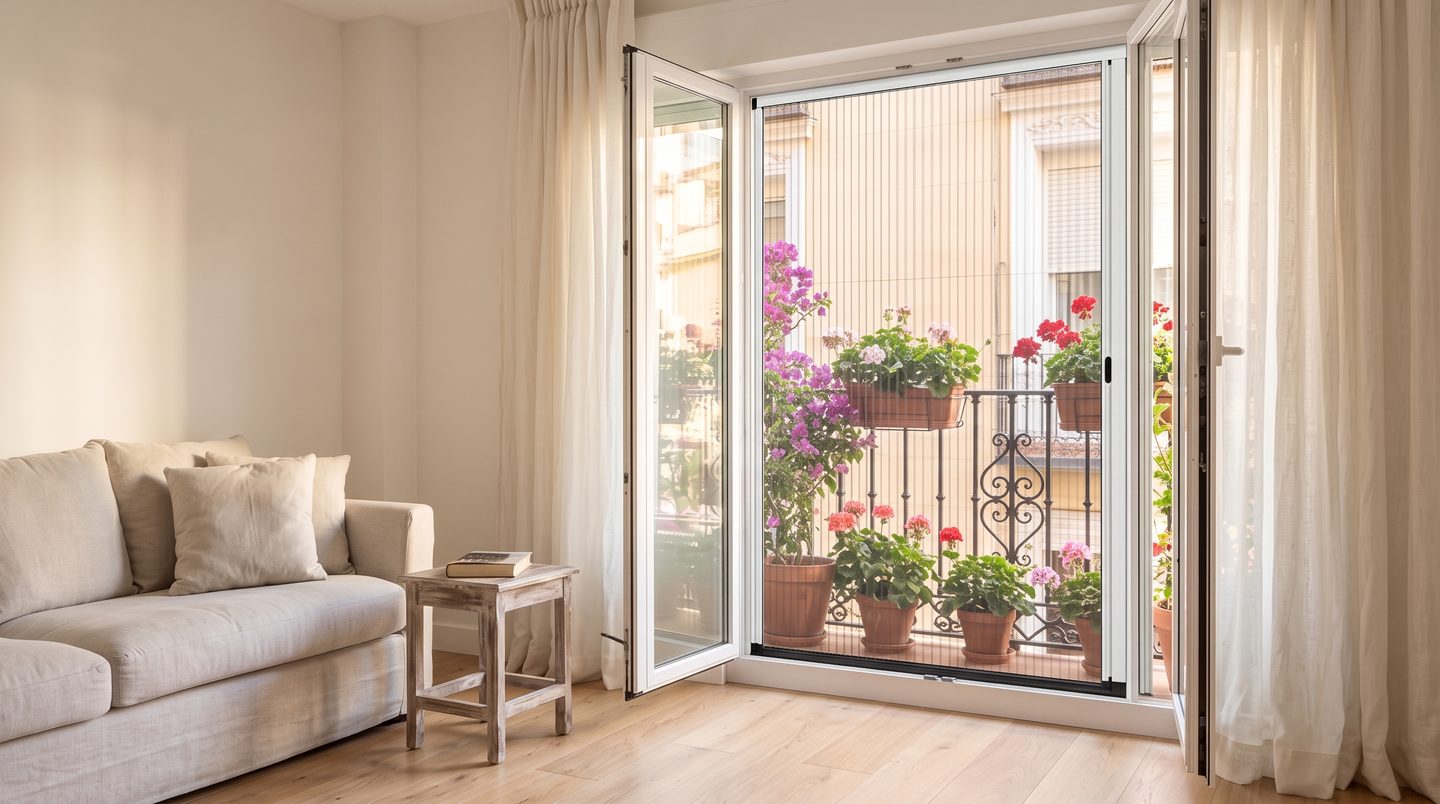 Salón con la puerta del balcón abierta y una mosquitera plisada instalada por fuera