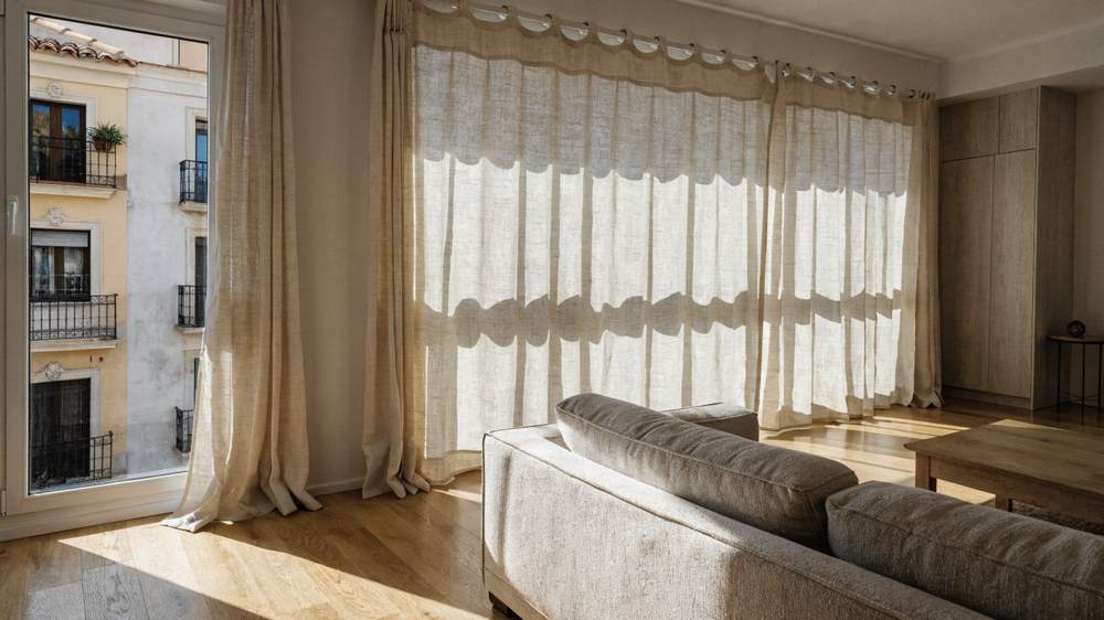 Salón con cortinas de lino de techo a suelo