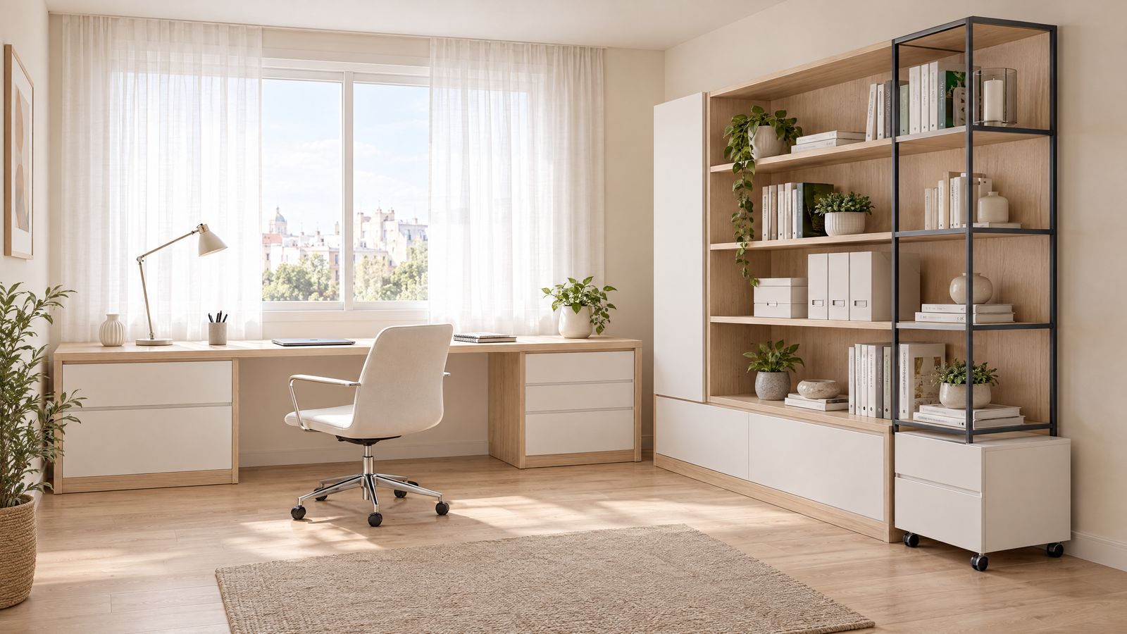 Despacho con mesa larga de roble y blanco bajo la ventana, silla blanca y estantería hasta el techo