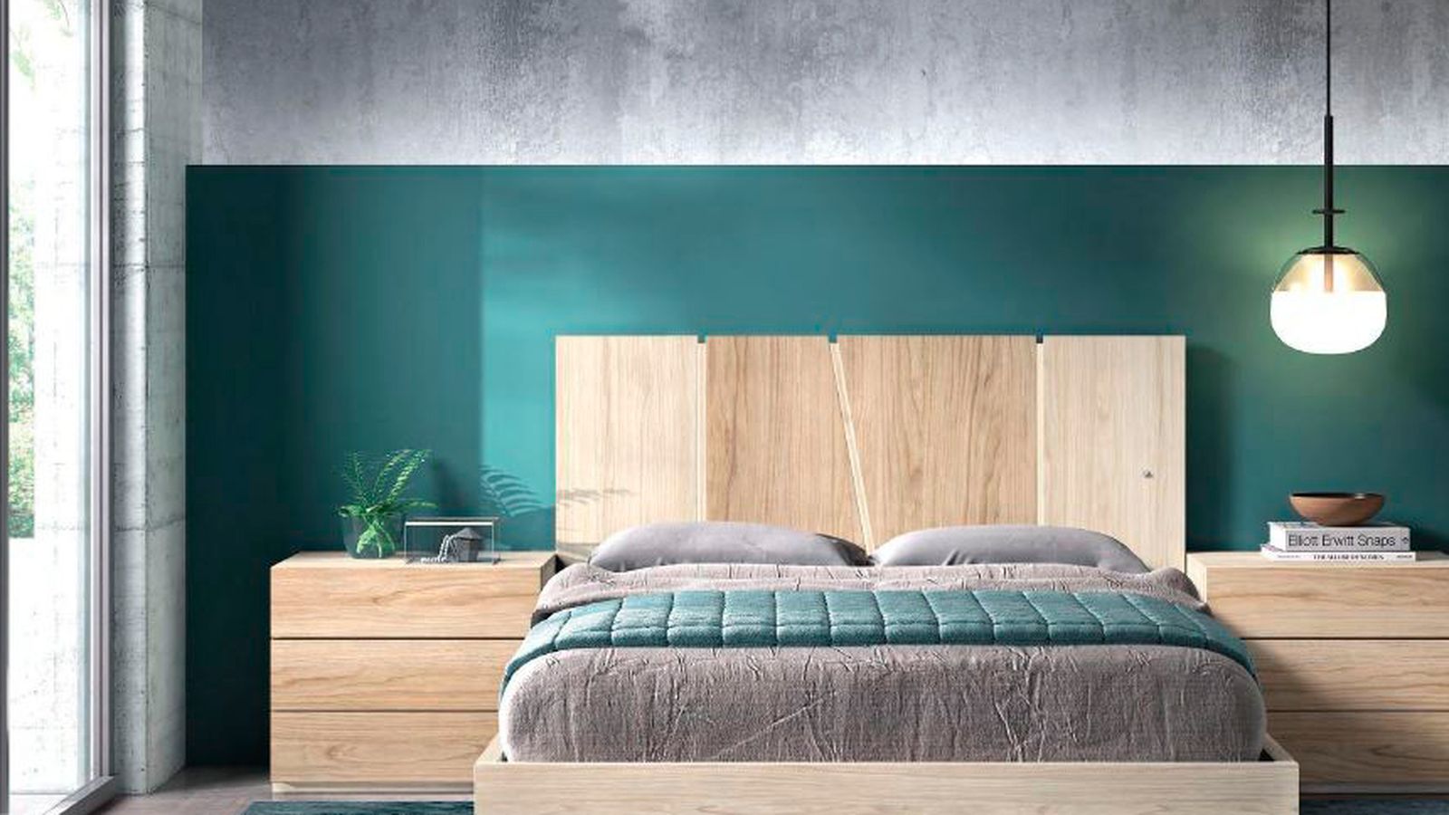 Dormitorio de matrimonio con cabecero de madera clara, mesitas y pared verde azulada
