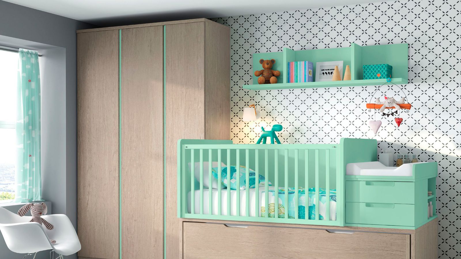 Habitación infantil con cuna convertible, armario y estantes a la altura del niño