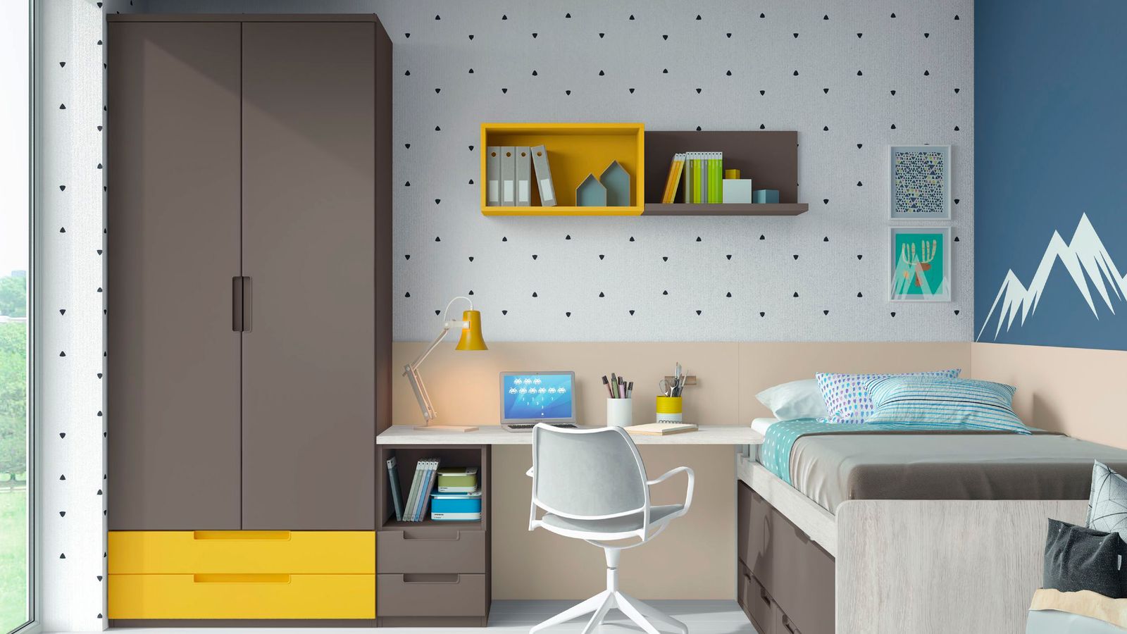 Habitación juvenil con armario, escritorio con cajones y cama compacta