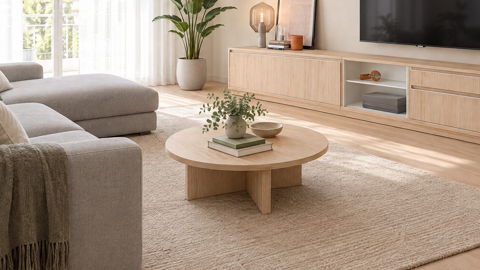 Mesa de centro redonda de madera clara sobre una alfombra de yute, entre el sofá y el mueble de televisión