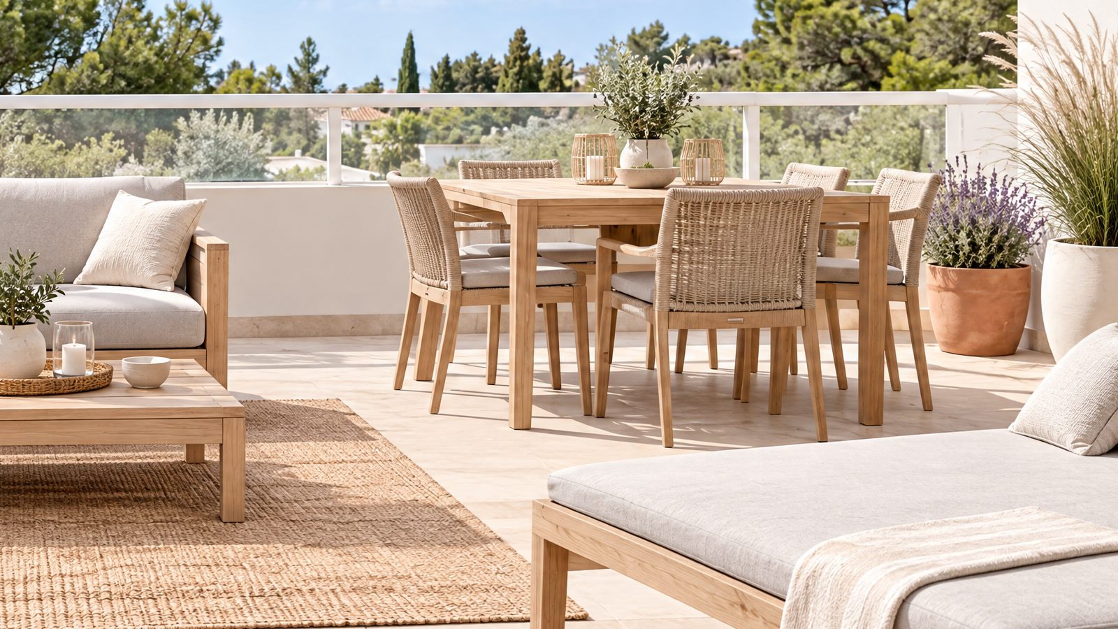 Terraza con mesa de comedor de madera clara y sillas de exterior con respaldo de cuerda