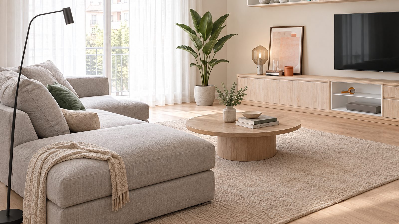 Salón con sofá gris claro con chaise longue, mesa de centro redonda de madera y mueble de televisión de roble claro