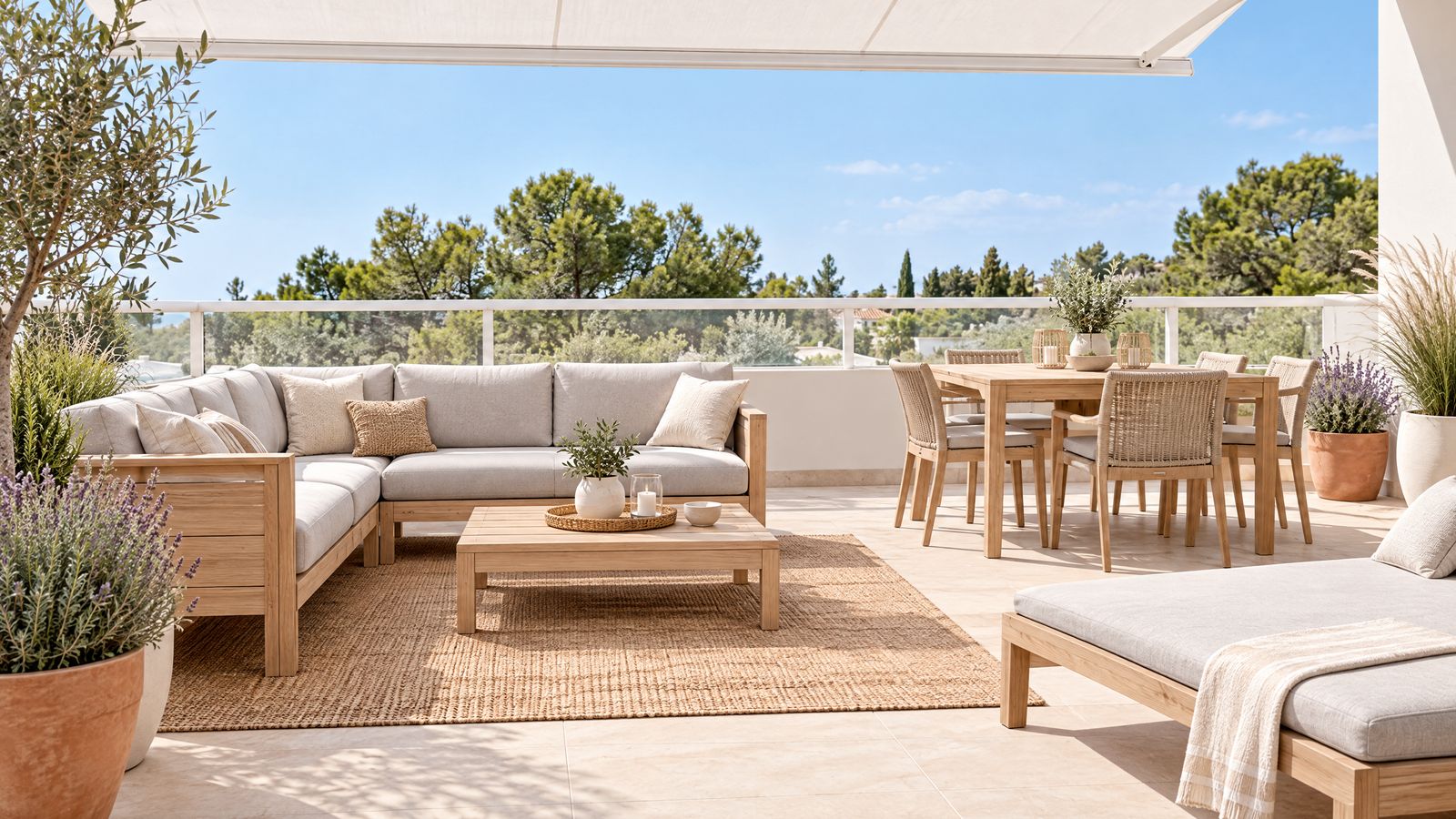 Terraza con sofá de exterior de madera clara, mesa de comedor, tumbona, olivo y toldo