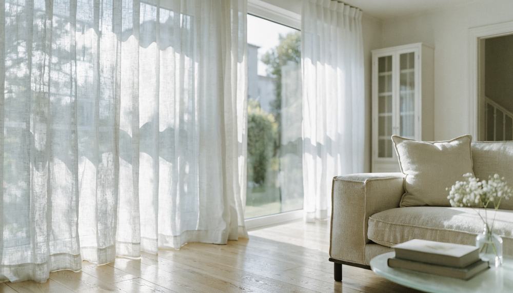 Cortinas de lino colgadas de techo a suelo en un salón luminoso
