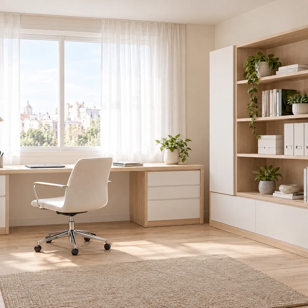 Mesa de trabajo, estanterías y cajoneras para trabajar o estudiar en casa
