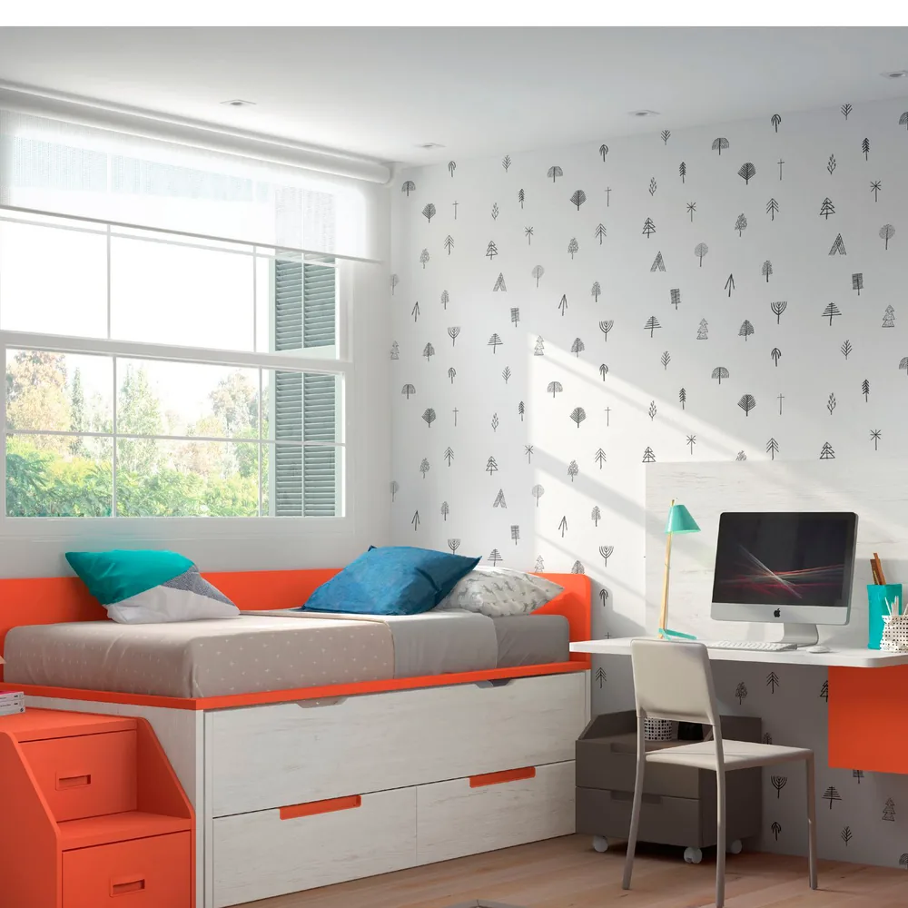 Habitación juvenil con cama nido, escritorio y armario