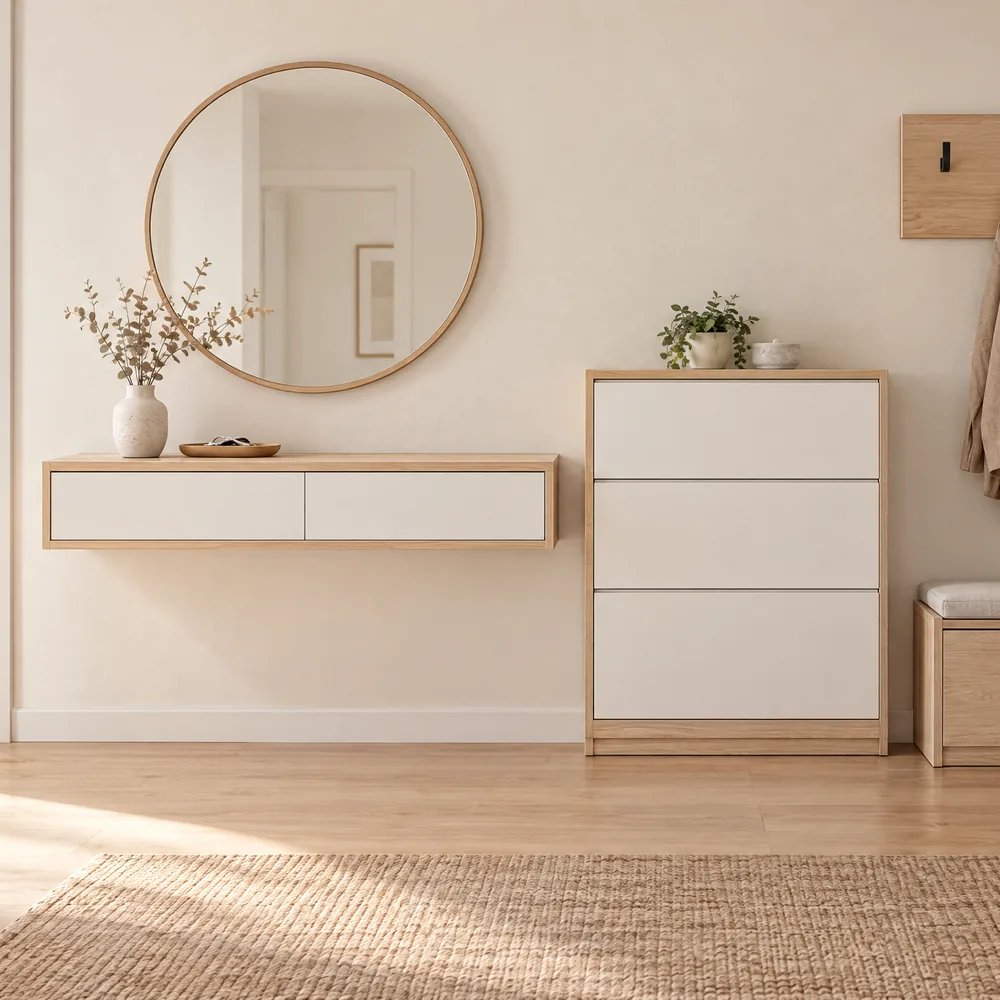 Mueble de entrada, zapatero, perchero y espejo a la medida del hueco