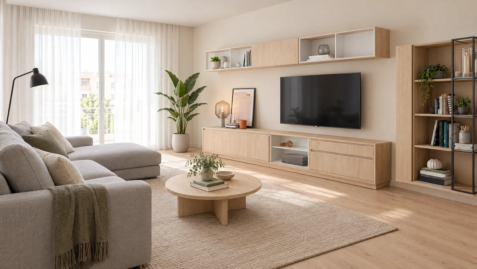 El mismo salón en la simulación, con mueble de televisión de roble claro, estanterías, sofá con chaise longue y alfombra