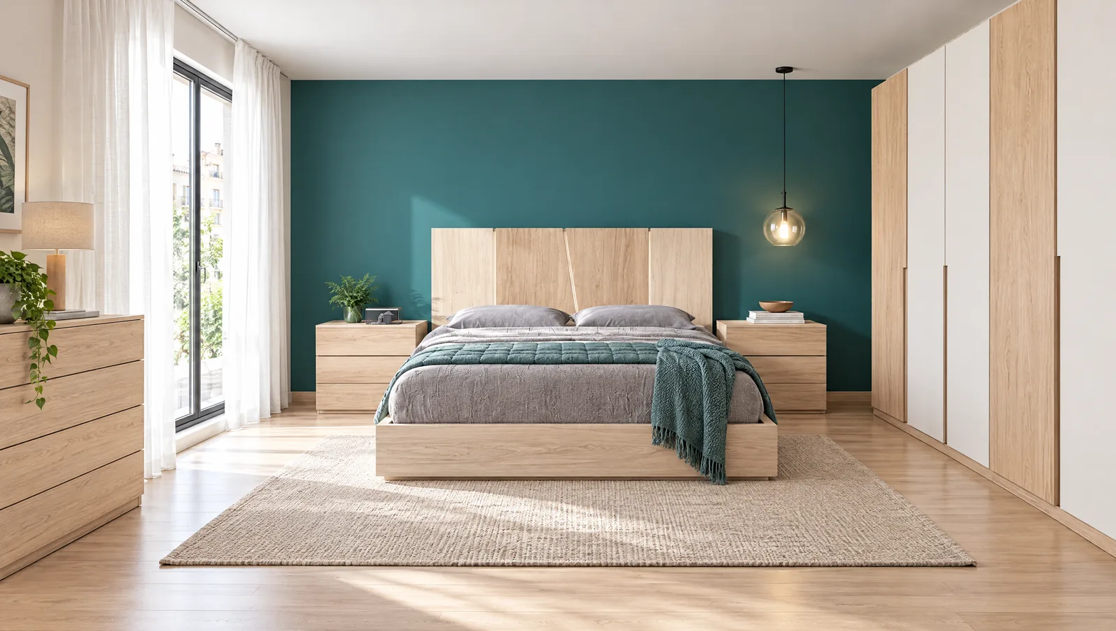 El mismo dormitorio en la simulación, con cama y cabecero de roble claro, mesitas, cómoda, armario y alfombra