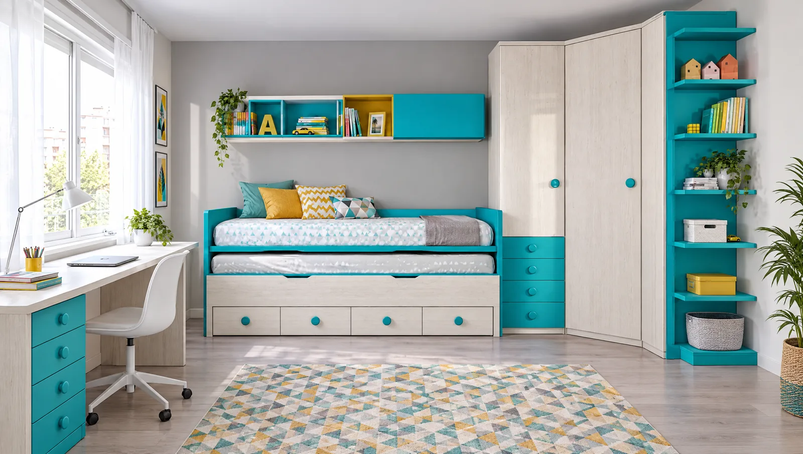 La misma habitación en la simulación, con compacto con cama nido y cajones turquesa, armario rinconero, estantería y escritorio