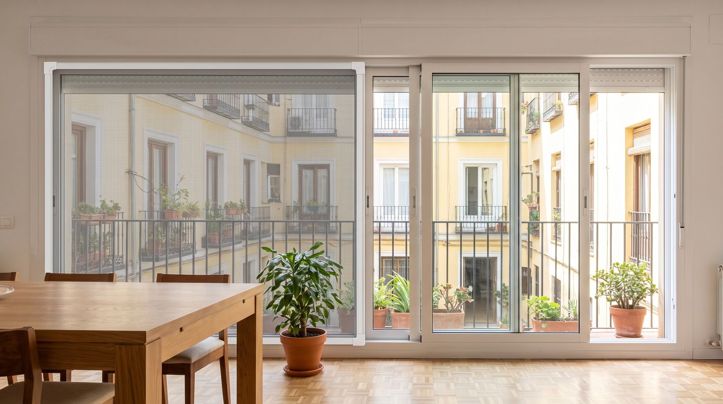 Ventana corredera de aluminio con una mosquitera de perfil curvo en la guía de fuera, cubriendo la mitad abierta
