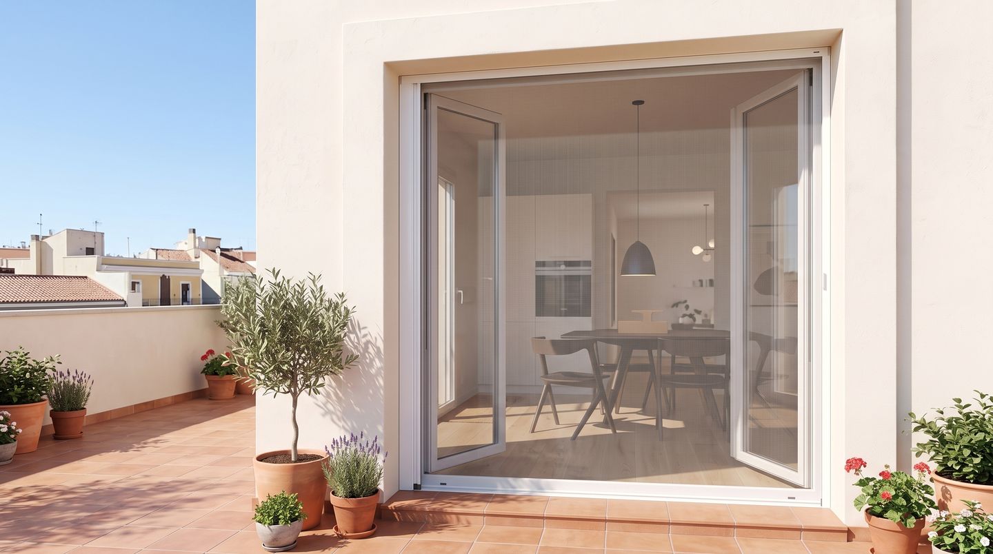 Puerta de terraza con una mosquitera enrollable lateral instalada por fuera, con la malla cerrada