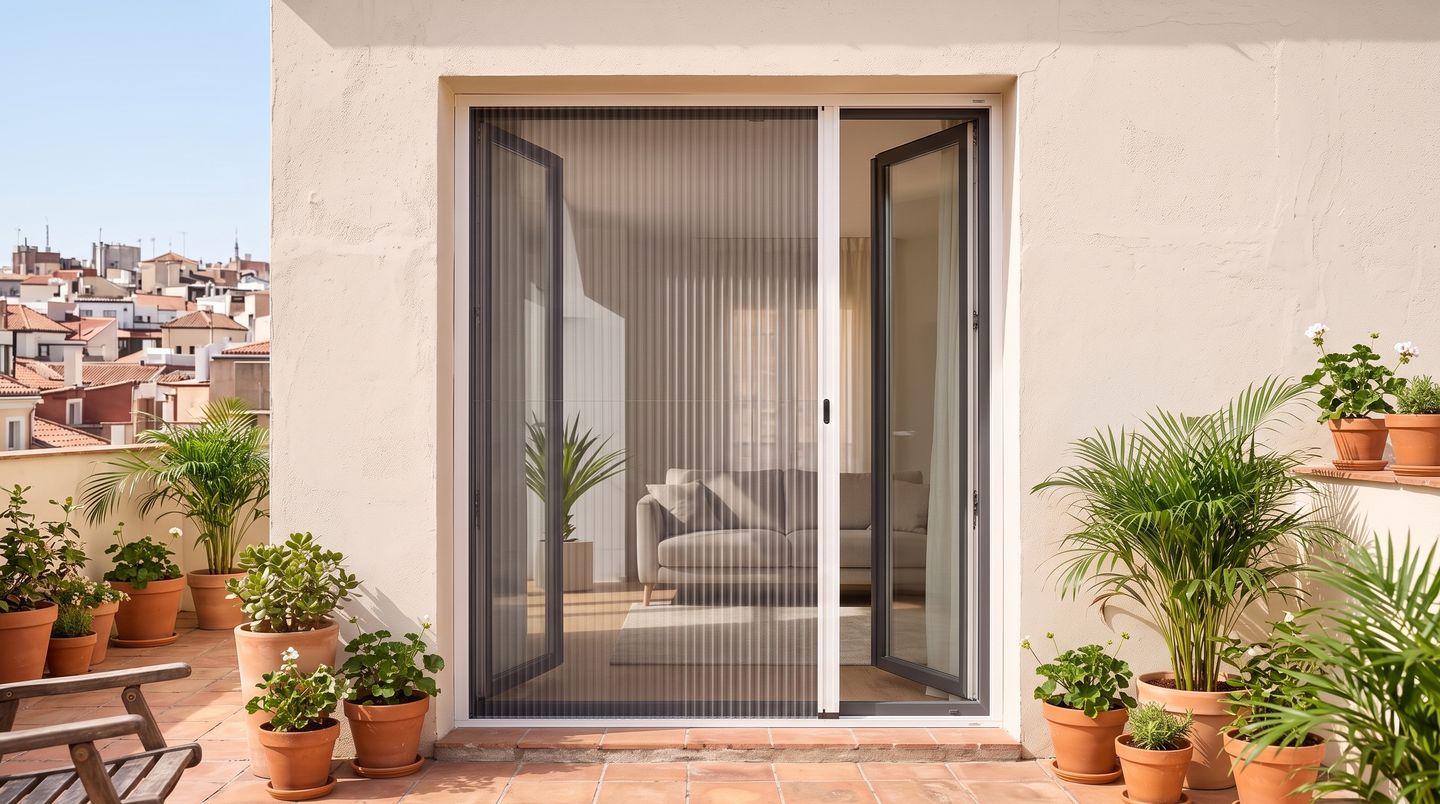 Puerta de terraza con una mosquitera plisada lateral instalada por fuera, con la malla casi cerrada