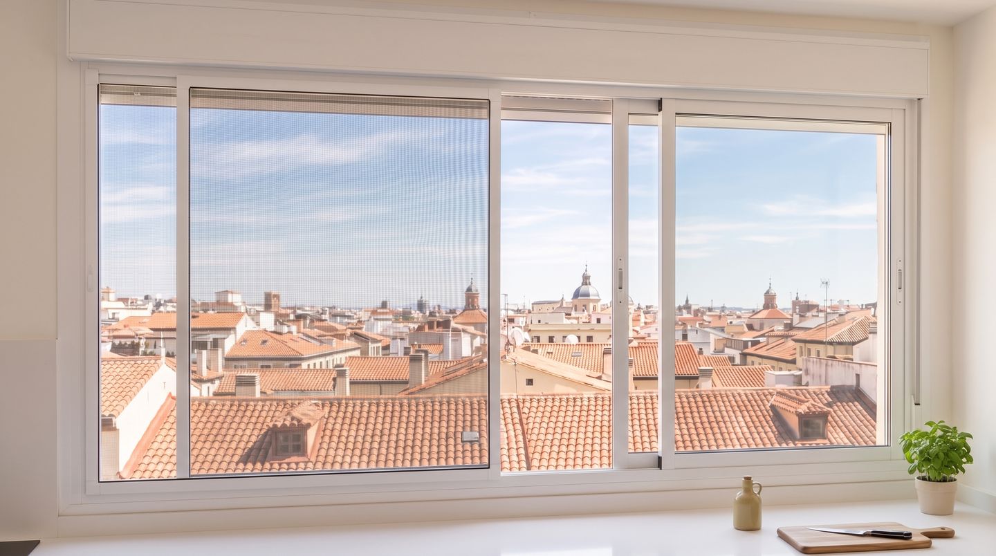 Cocina con una ventana corredera con mosquitera corredera