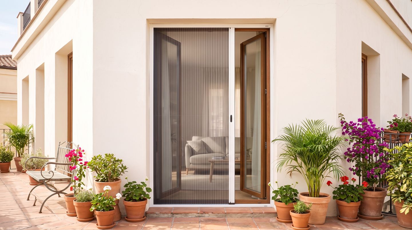 Puerta de terraza con mosquitera plisada instalada por fuera