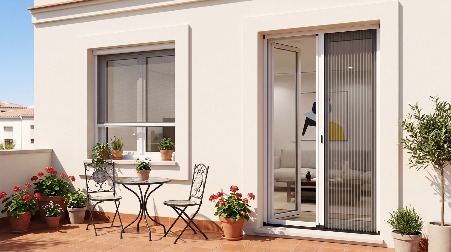 Terraza con una ventana y una puerta con mosquiteras instaladas por fuera