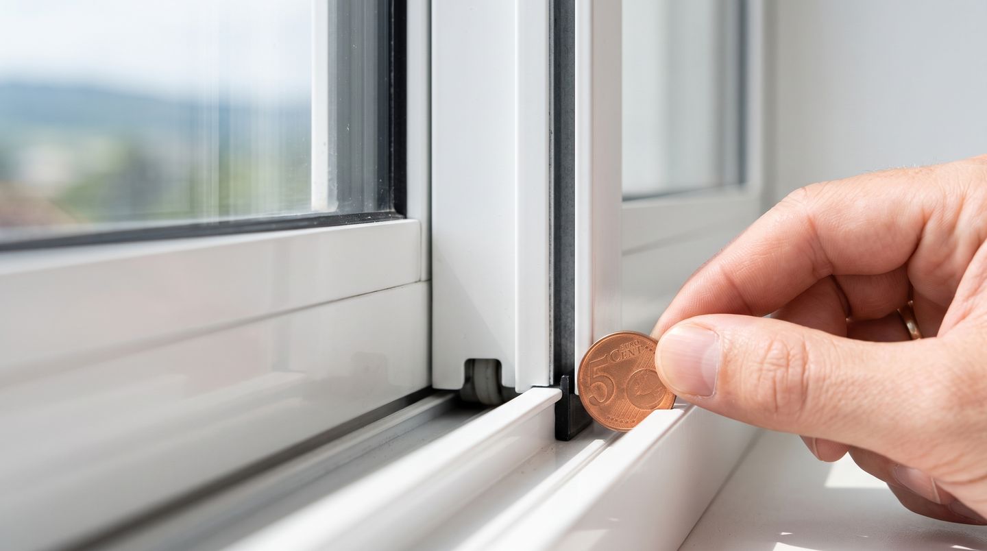 Comprobando con una moneda de 5 céntimos el hueco entre la hoja y el carril de una ventana corredera