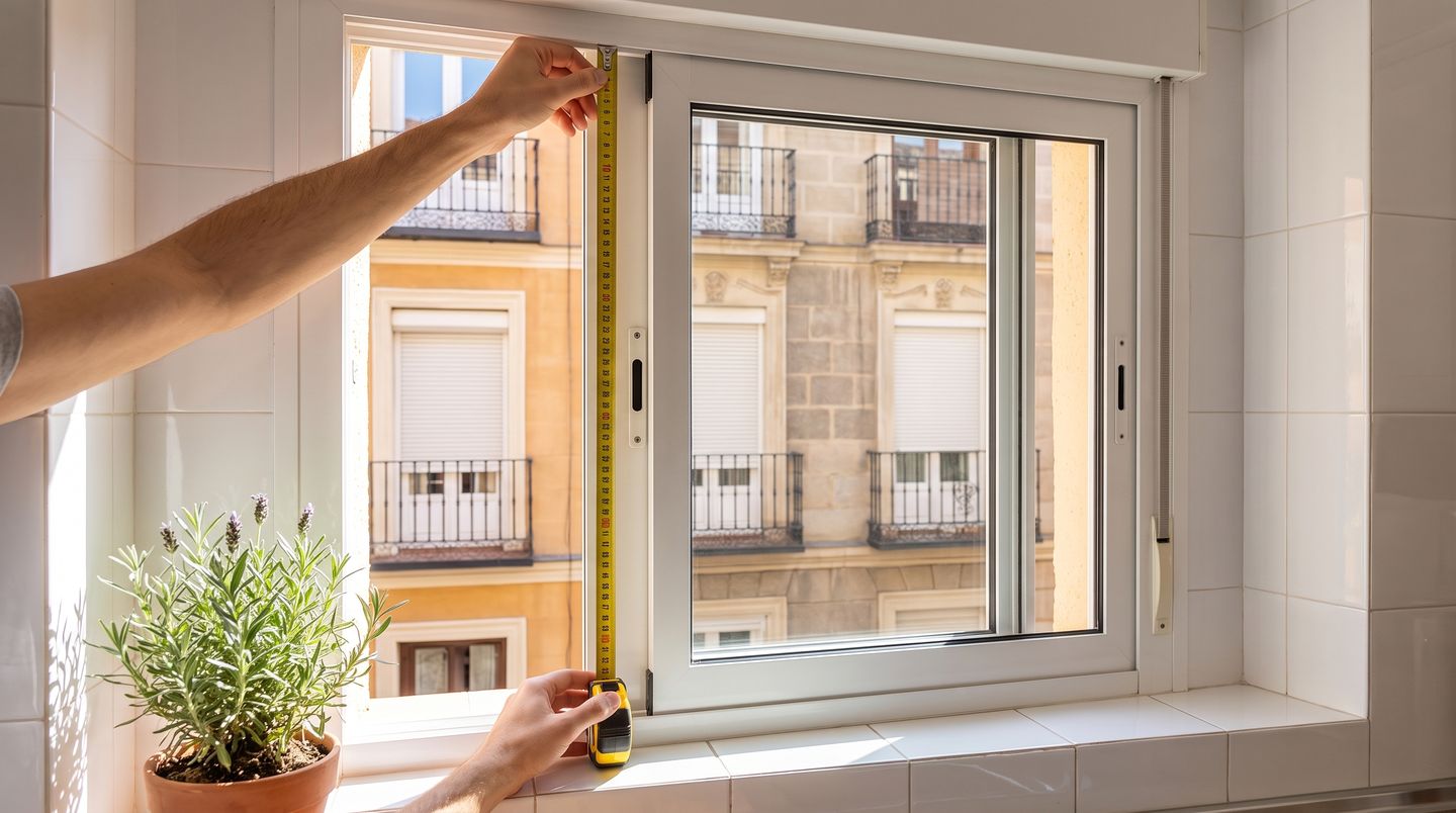 Midiendo con un metro el alto de una hoja de una ventana corredera de aluminio