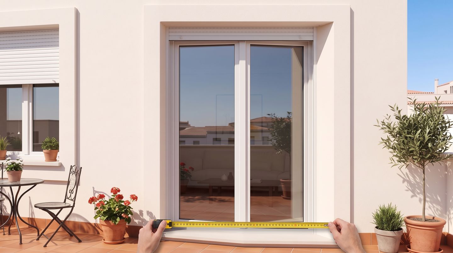 Midiendo con un metro el ancho del hueco de una puerta doble de terraza, a ras de suelo