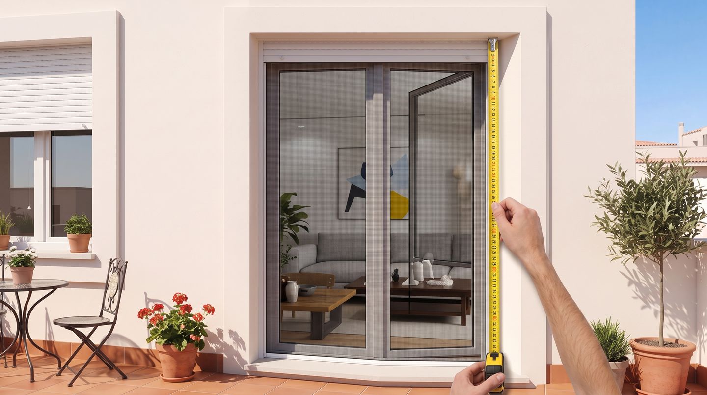 Midiendo con un metro el alto del hueco de una puerta de terraza, por fuera