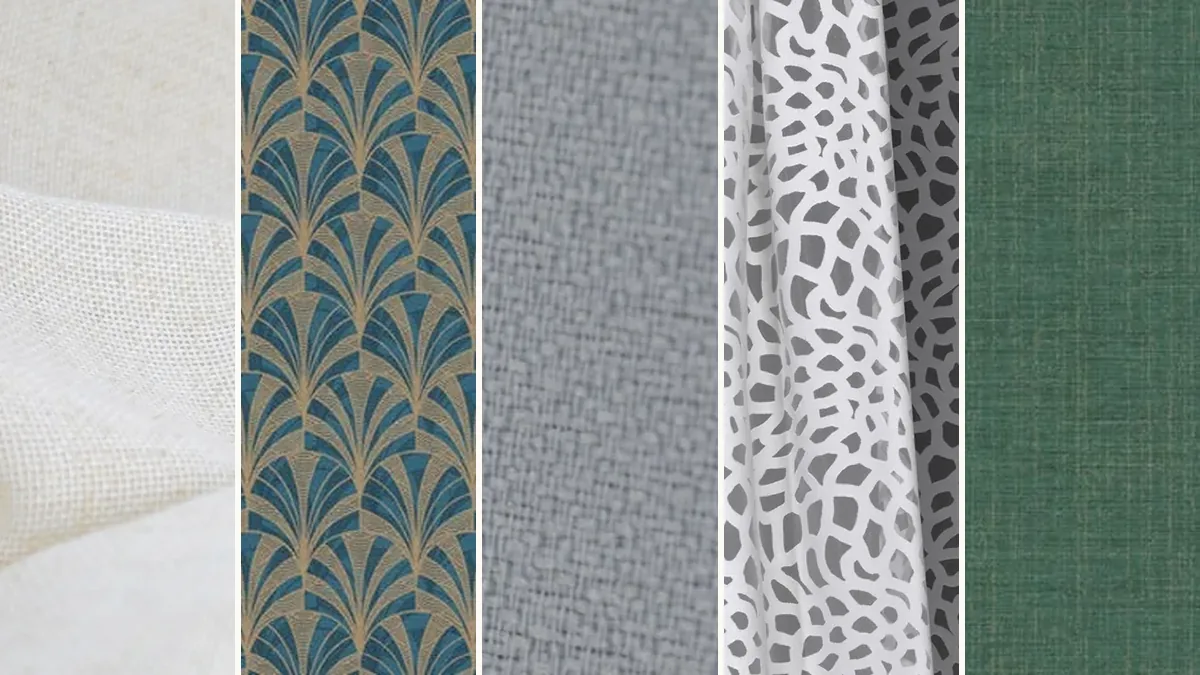 Cinco muestras juntas: lino crudo, papel pintado de abanicos azules y dorados, tejido gris, tela estampada gris y blanca y papel liso verde