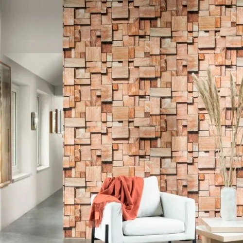 Pared entera con papel pintado fotográfico de tacos de madera