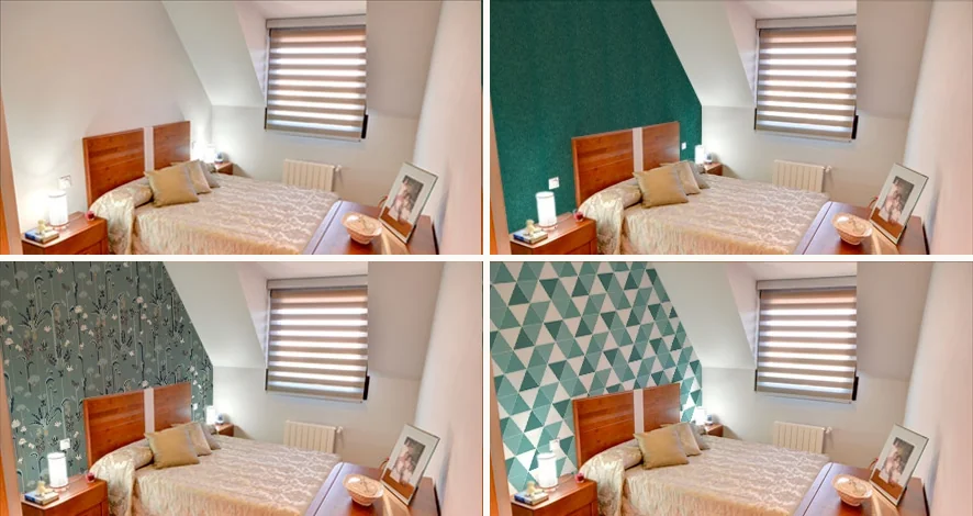 La misma habitación sin papel y con tres papeles pintados distintos, en una simulación virtual