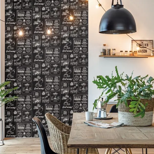 Papel pintado Coffee: pizarra con dibujos de cafetería
