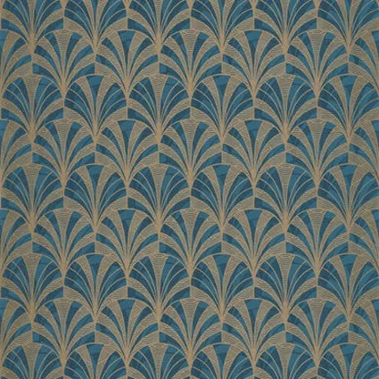 Muestra de papel pintado estampado con abanicos art déco en azul y oro